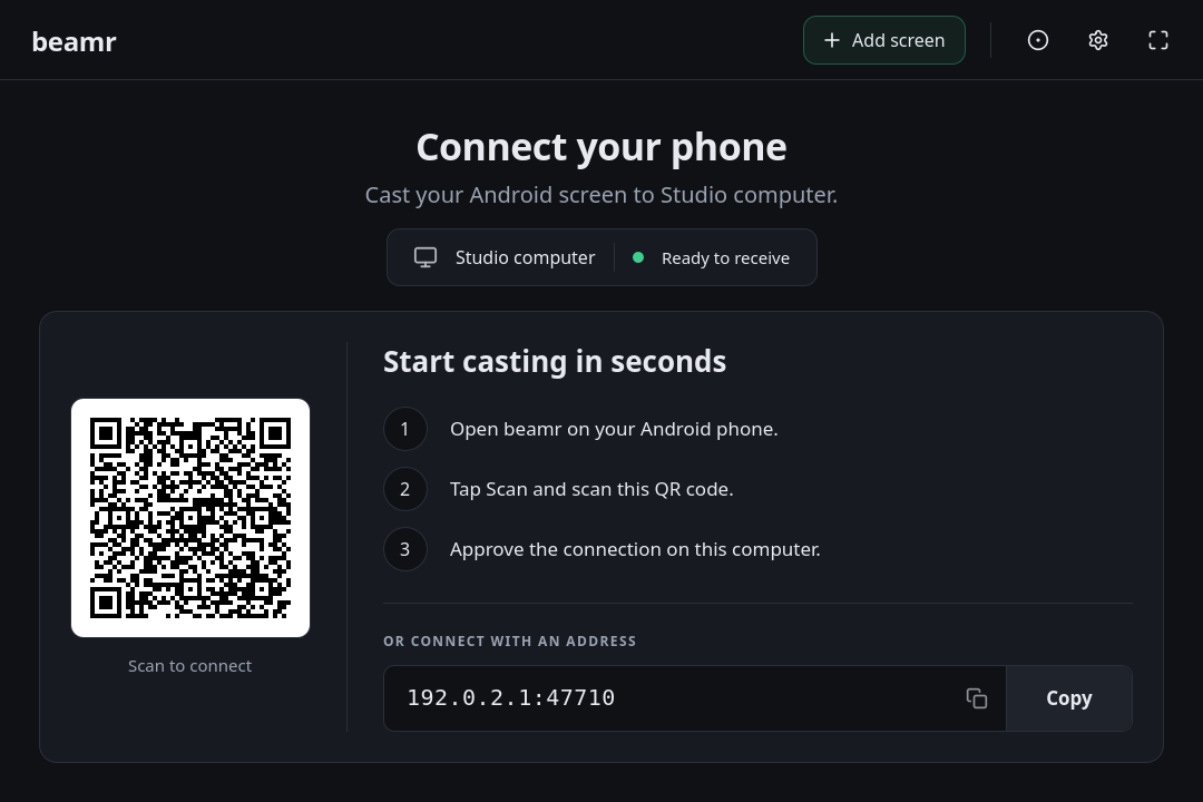 beamr desktop receiver with a QR code and instructions to connect an Android phone